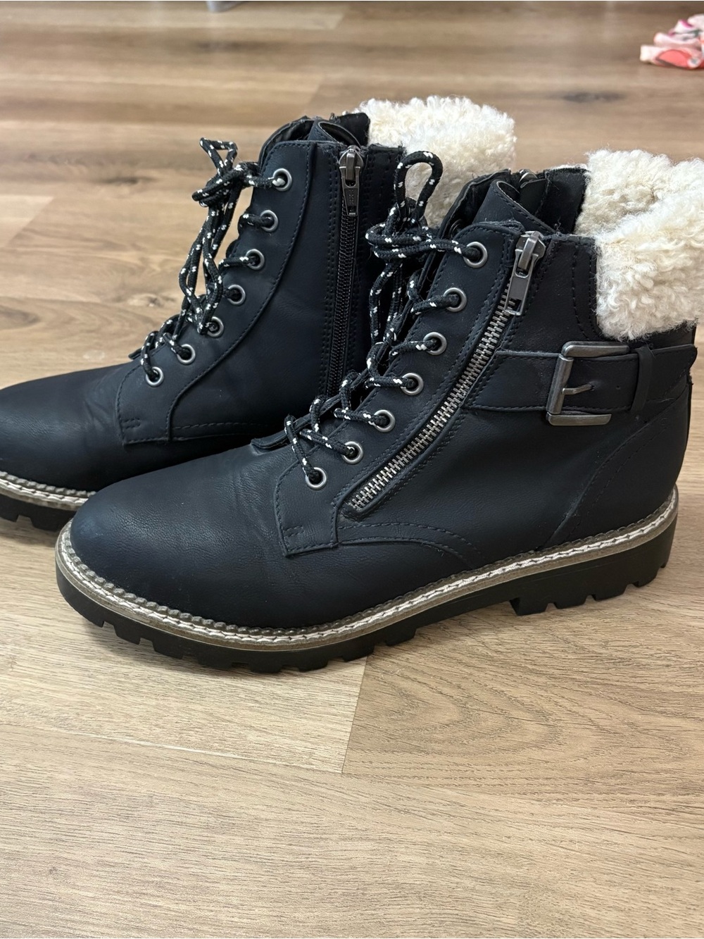 Women's Black Faux-Shearling Lace-Up Ankle Boots